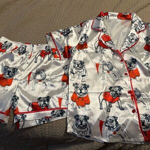 Womens Bulldog Print Pajamas - White and Red - NEW
